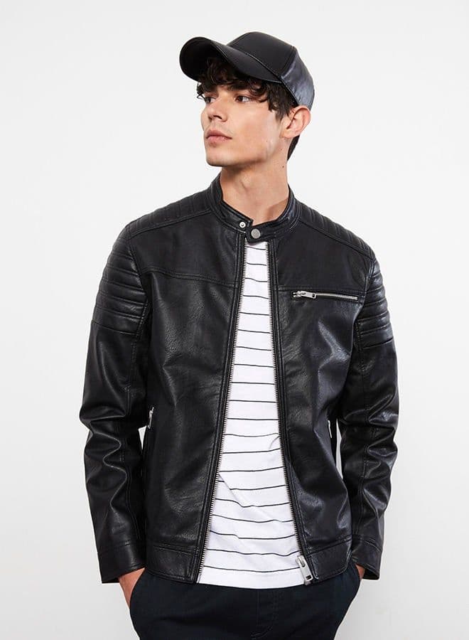 Slim Fit Stand Collar Men's Leather Look Coat - Image 1