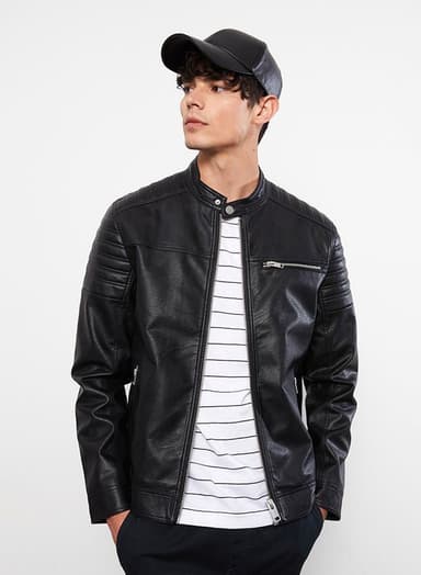 Slim Fit Stand Collar Men's Leather Look Coat thumbnail 1