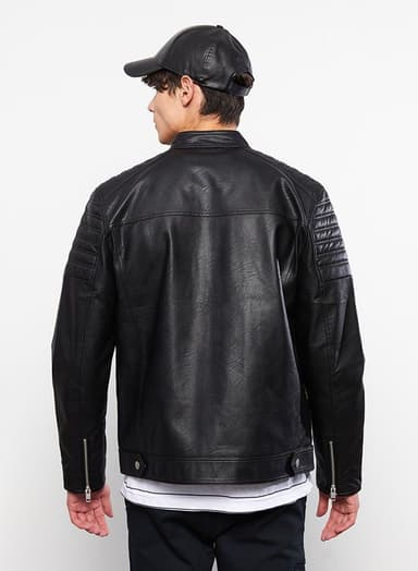 Slim Fit Stand Collar Men's Leather Look Coat thumbnail 3