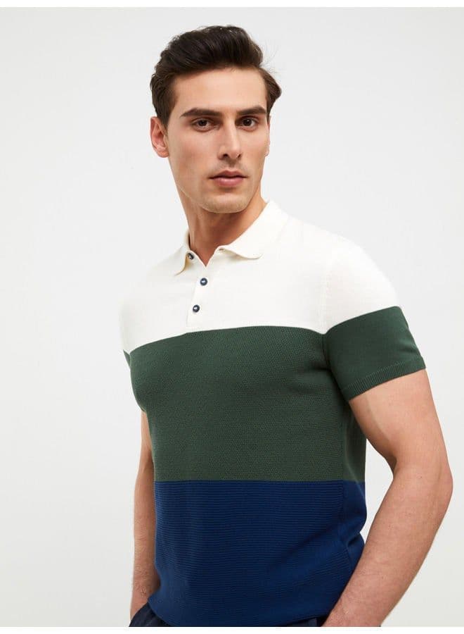 Polo Collar Short Sleeve Color Block Men's Knitwear Sweater - Image 1