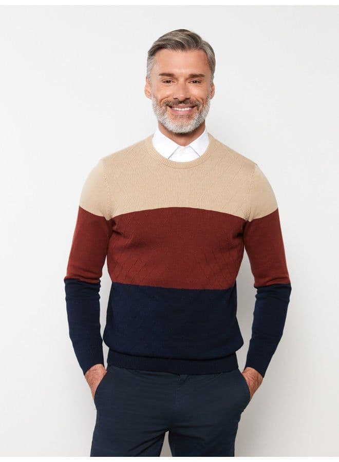 Crew Neck Long Sleeve Men's Tricot Sweater with Color Block - Image 1