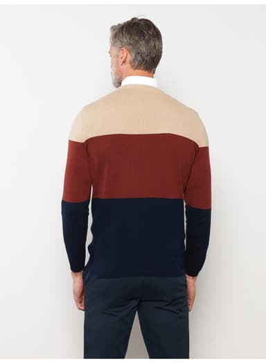 Crew Neck Long Sleeve Men's Tricot Sweater with Color Block thumbnail 3