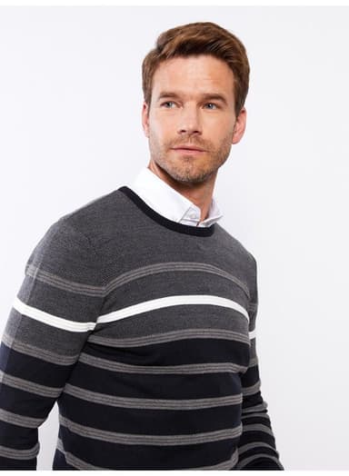 Crew Neck Long Sleeve Striped Men's Tricot Sweater thumbnail 1
