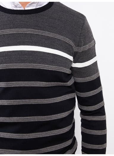 Crew Neck Long Sleeve Striped Men's Tricot Sweater thumbnail 3